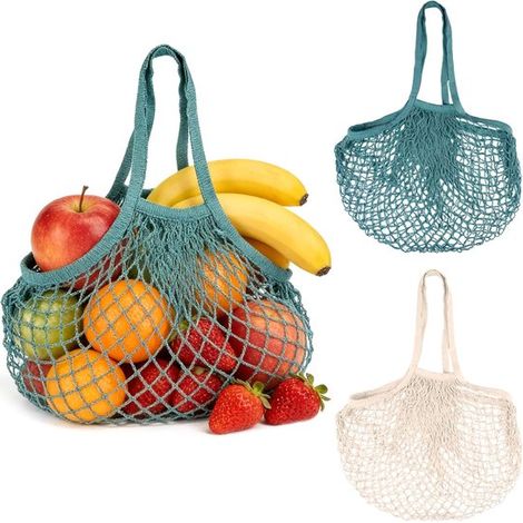 Confezione da 2 sacchetti a rete pieghevoli per frutta e verdura, lunghi 56 cm, in cotone. (1/5)