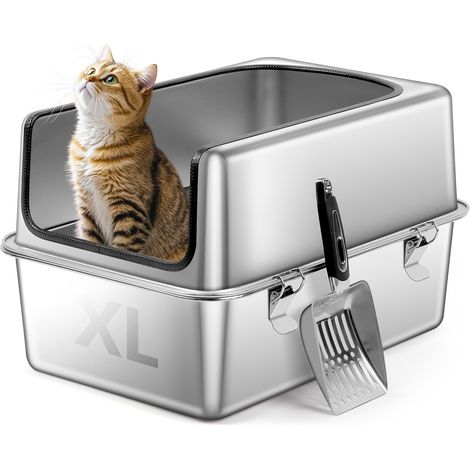 Boîte à litière pour Chat en Acier Inoxydable, 50 x 35 x 30 cm (L x l x H), Grand Plateau à litière Amovible Semi-fermé avec boîtier Haut, Pelle, Anti-Fuite, Non Collant (1/5)