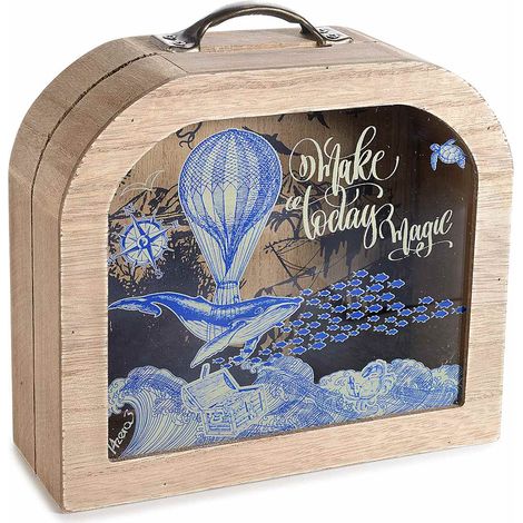 Tirelire valisette en bois avec vitrine en verre décorée motif voyage et inscription, lot de 2, 18 x 7 x H. 17,5 cm
