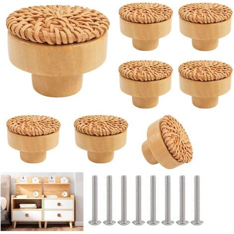 Poignée De Meuble En Rotin Et Bois - Style Bohème Pour Tiroir Et Armoire - Diamètre 40mm - Lot De 8 Pièces (1/5)
