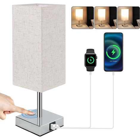 Lampe de chevet tactile (1 pièce), lampe de table avec ports USB-A+C, 3 lumières à intensité variable, abat-jour fin en éphédra, idéale pour chambre, salon, bureau d'enfant (2 ampoules incluses) [Clas (1/5)