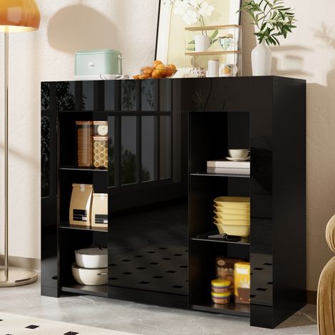 Buffet noir moderne avec façade brillante – Solution de rangement compacte et élégante avec étagères en verre et porte d’armoire pour salon, salle à manger ou cuisine – 95x35x83 cm (1/5)