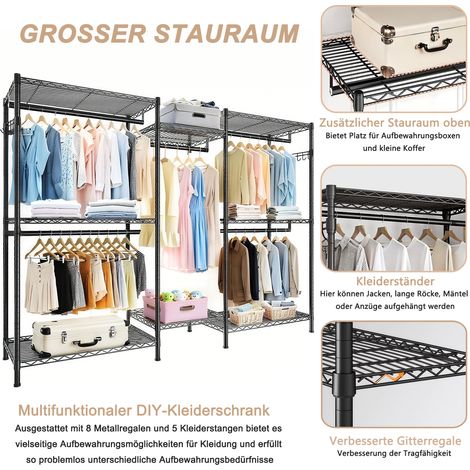 Support de vêtements solide, étagère de rangement autoportante, penderie pliable en métal réglable avec 8 tablettes et 5 tringles, noir (1/5)