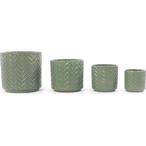 Vaso per piante in ceramica Ø20 cm verde salvia lucido con rilievo a spina di pesce (1/5)