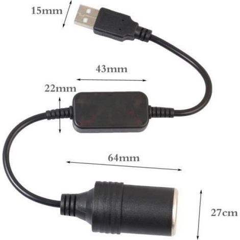 Adaptateur USB - 5V à 12V - Allume-cigare - 30cm - Noir (1/4)