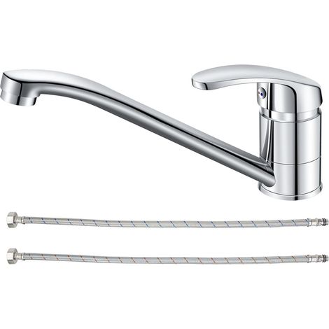 Robinet Cuisine Mitigeur d'Evier, Chromé Laiton Robinet de Cuisine Monocommande, Mitigeur Cuisine Orientable à 360°, Conduites d'eau Chaude et Froide de 60 cm et Accessoires Complets (1/5)