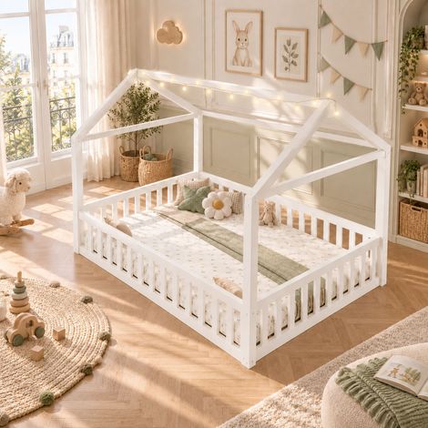 Lit au Sol Enfant 90 x 190 cm x 2 / 180 x 190 cm avec Barrières, Structure Cabane en Pin et Guirlande LED,Style Minimaliste,sans Matelas Blanc (1/5)