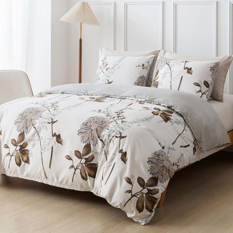 Ensemble de literie King-Size 230x220 cm motif tournesol, microfibre, blanc/brun