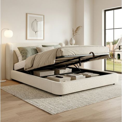 Cama arca 180x200 cm - Cama doble - Con cabecero - Con somier de lamas - En bouclé - Beige - Sin colchón (1/5)