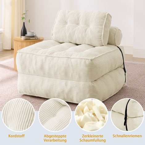 Canapé convertible 2-en-1 en velours côtelé beige – Fauteuil inclinable avec dossier ajustable, lit d'appoint pour salon & chambre, assise lounge confortable et pliable