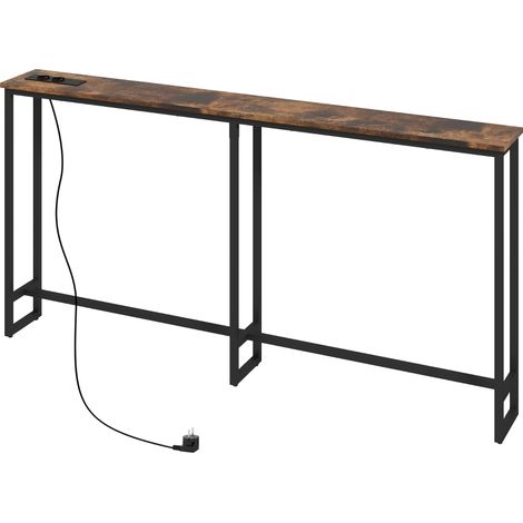 Table console 160 x 20 x 80 cm marron rustique avec station de recharge et pieds acier. Style industriel étroit pour entrée et couloir (1/5)