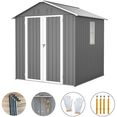 BIRCHTREE Garden Shed 6x6FT Steel Apex House Tool Equipment Organizer W/ Window Door Grey (1/5)