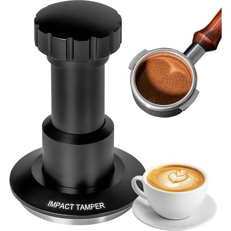 Tampón espresso de 51 mm, base de aluminio texturizado, cuerpo y base de acero inoxidable 304, rango de presión ajustable de 25 a 35 lb, sistema ergonómico de 4 resortes.