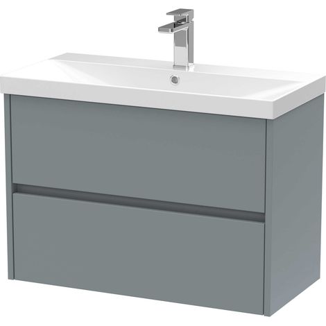 Nuie Havana Matt Coastal Grey 800mm Wall Hung 2 Drawer Vanity Unit and Thin Edge Ceramic Basin - HAV2306D (1/4)
