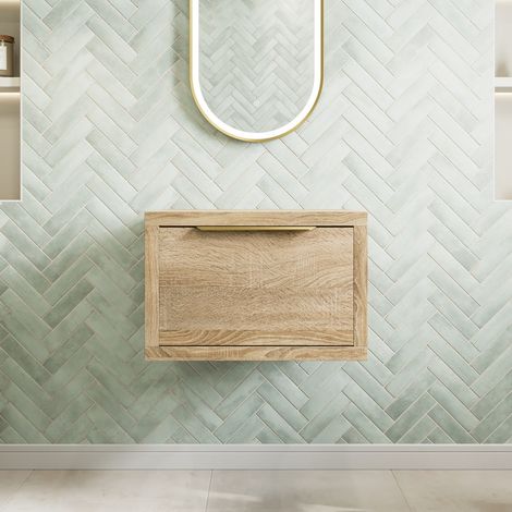 600mm Bathroom Vanity Unit Countertop Wall Hung Drawer Unit Brass Handle Oak Wood No Basin (1/4)