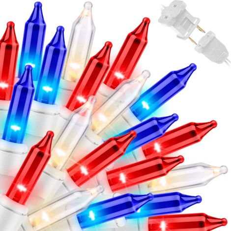 XEPHO Guirlande lumineuse patriotique, mini-lumières rouges, blanches et bleues, fil blanc, 6 m (19,6 pi), 100 ampoules, certifiée UL, pour fête de l'Indépendance et célébrations (1/5)