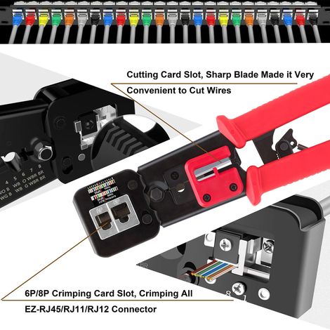 Pince à sertir RJ45 Cat5 Cat6 Outil de test de câble réseau Outils de réparation Coupe-dénudeur, Sertissage du connecteur coaxial, maintenance LAN Cat6e Dénudeur de câble (Orange) (1/5)