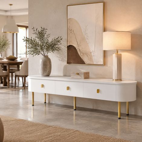 Mueble TV 174x35x41 cm blanco MDF, 3 cajones con tiradores y patas doradas (1/5)
