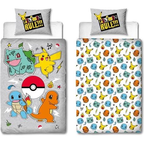 Juego de cama reversible - POKEMON - Pikachu y Starter - Gris - Microfibra - 1 funda nórdica 140 x 200 cm + 1 funda de almohada 63 x 63 cm