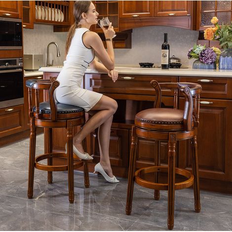Tabouret de bar avec dossier, pivotant à 360°, cuir véritable et bois, marron HAVRYA (1/5)