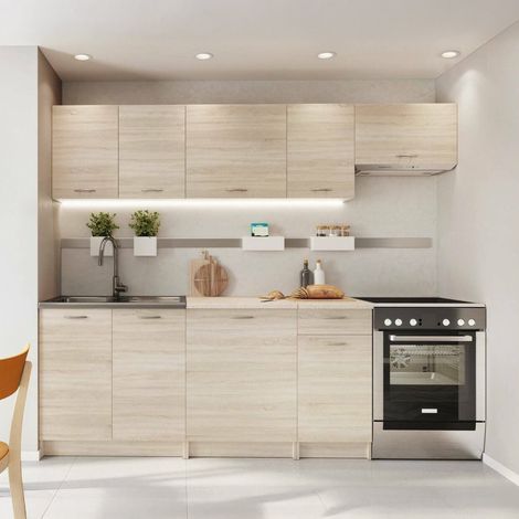 Cucina completa Urzulei, Set compatto e funzionale con ante e cassetto, Rovere
