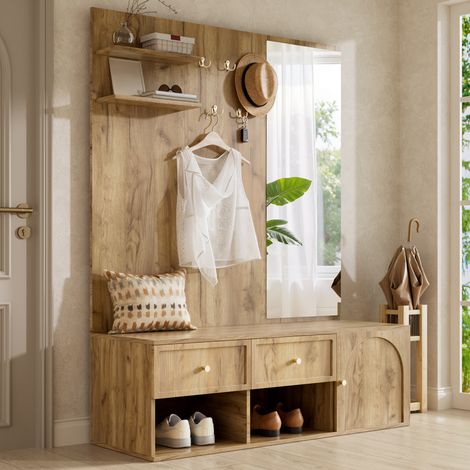 Set appendiabiti da ingresso 120x35x159 cm, specchio, 5 ganci, 2 cassetti, vani aperti, truciolare, effetto legno naturale (1/5)