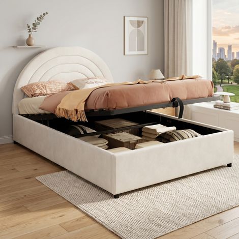 Lit coffre 140x190 cm avec tête de lit rembourrée, en velours beige, sans matelas (1/5)