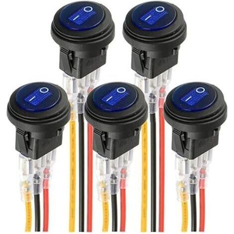 FENOPLASTICAbleu LED interrupteur rond électroluminescent KCD1-8 interrupteur à bascule étanche 12V 20A marine et divers éclairage étanche à 3 broches avec commande par fil (5pcs) (1/5)