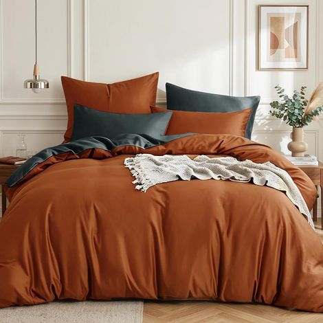 Parure de lit 200 x 200 cm en coton orange - Parure de lit 3 pièces réversible avec fermeture éclair - Housse de couette bicolore orange et gris (1/5)