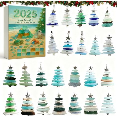 Calendrier de l'Avent 2025 en verre de mer – Compte à rebours de Noël de 24 jours avec 24 mini décorations de sapin de Noël en verre de mer naturel, fait à la main pour les vacances à la mer et la (1/5)