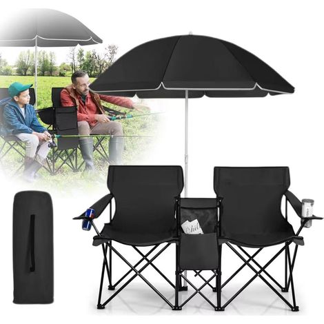 Chaise de camping avec pare-soleil, chaise double, chaise de pêche pliable, idéale pour la plage, le camping, les pique-niques en plein air, noire. (1/5)