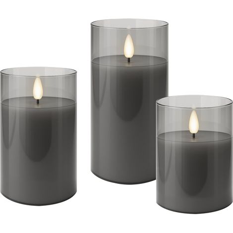 Bougie LED en cire véritable GOOBAY, verre, fonction minuterie, set de 3 pièces, blanc chaud, gris