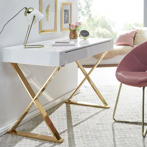Bureau droit 2 tiroirs 118x57x76 cm – Panneaux de particules blanc – Pieds en acier doré – Design élégant avec barres croisées