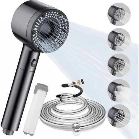 Duschkopf, Hochdruck-Duschkopf mit 2 m Schlauch, 5 einstellbare Modi, Badezimmer-Handbrause, wassersparender Anti-Kalk-Duschkopf mit Filter und Pause-Taste, Grau (1/5)