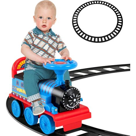 COSTWAY Train Porteur Electrique Enfants avec 16 Pièces de Rails, Voiture Porteur en Forme Lion avec Lumières & Sons, Boîte de Rangement Caché & 6 Roues, Charge 25kg pour Enfants de 3 Ans+ (1/5)