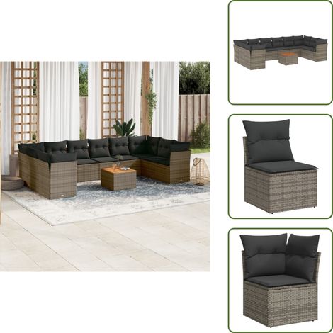 11-tlg. Garten-Sofagarnitur mit Kissen Grau Poly Rattan - Gartenmöbel Set - Outdoor Möbel - Rattan Sofa - Lounge Set - Gartenlounge (1/5)