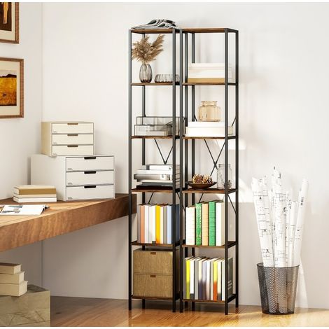 Estantería librería de madera marrón rústico, 6 baldas, 30 x 30 x 174,5 cm, juego de 2 (1/4)