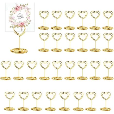 30 Pièces Or Porte Nom Table, Porte Photo Pince, Porte Photo sur Pied, Porte Cartes de Table pour Mariages, Porte Numero de Table, pour Noël Banquets Fêtes Saint Valentin (En Forme de Coeur) (1/5)