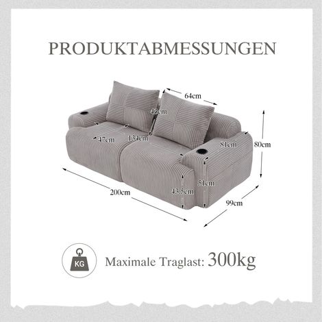 Canapé modulaire velours côtelé 2 personnes emballé sous vide combinable librement porte-gobelet sac rangement latéral salon familial gris clair. (1/5)