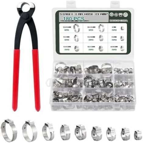 180 Pcs Colliers de Serrage à Oreille Unique,Acier Inoxydable 304,9 Tailles avec Anneaux 6-25.6mm,Colliers Simples,Collier Sertir Sans Palier 9 Sizes - (1/5)