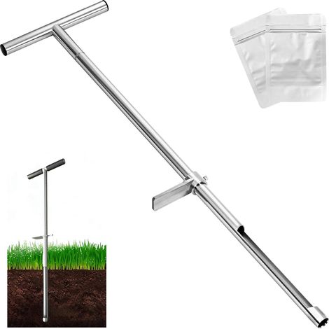 Soil Sample Probe 91 cm, Stainless Steel Soil Probe with T Handle and Foot Pedal, T-shaped Soil Sampler with 2 Reusable Sample Bags, Soil Sample Cutter for Plant Care, Garden, Lawn, Farmers (1/5)