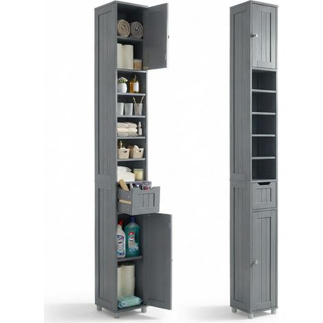 Meuble de Rangement Haut Armoire de Salle de Bain avec Etagère Réglable Tiroir et Armoires à Portes Meuble Colonne pour Chambre Salon Cuisine et Couloir 20x20x180cm Gris (1/5)