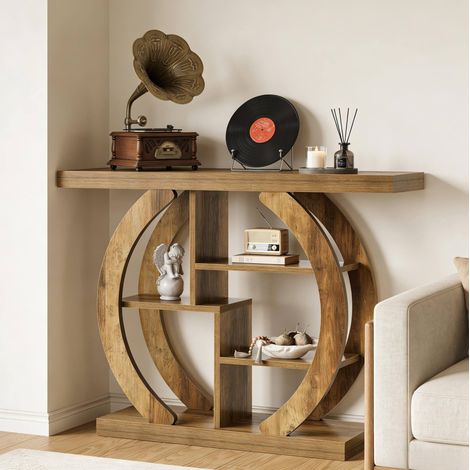 Console 108x30x82 cm en bois brun clair, avec rangement gain de place pour entrée FloraGrace (1/5)