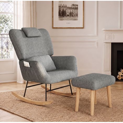 Fauteuil à bascule, Fauteuil relax avec Repose-pieds + Repose-tête, rocking chair de salon allaitement et lecture, charge 150kg, Gris (1/5)