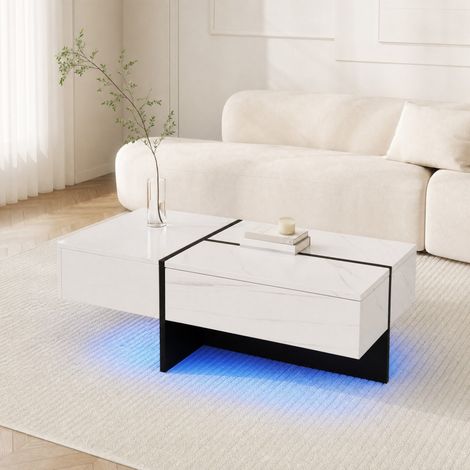 Mesa de centro 100 x 50 x 34,5 cm, 3 cajones, LED controlada por app, blanca DESVIAE (1/5)