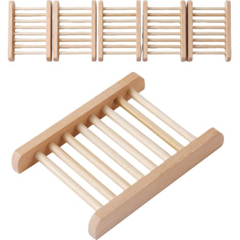 Irovami Lot de 5 porte-savons en bois : adhésif sans perçage – porte-savon simple avec système d’évacuation de l’eau – idéal pour la salle de bain, la douche et la maison / marron (1/4)