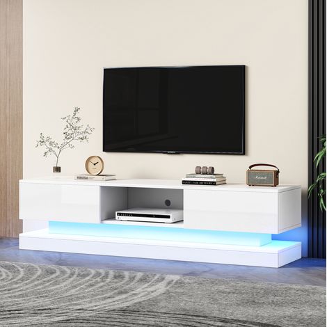 Mueble de TV 160 x 35 x 40,5 cm blanco con almacenaje y LED para salón moderno FloraGrace (1/5)
