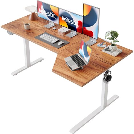 Bureau d'angle électrique réglable en Hauteur 160 x 90 cm Bureau assis debout ergonomique, charge 80 kg, 3 positions mémoire, idéal télétravail à domicile, Marron clair (1/5)