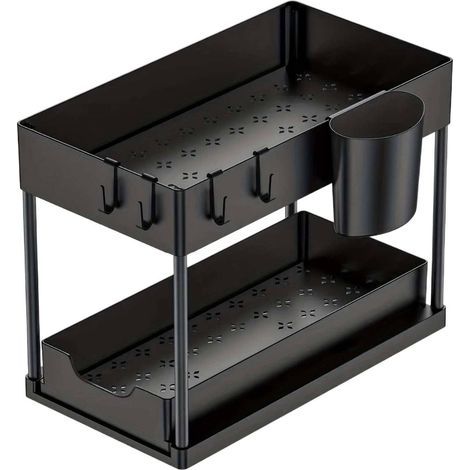 Rangement Sous Evier 2 Niveaux, Organisateur Sous Evier Cuisine à Hauteur Réglable avec 4 Crochets/1 Tasses, Étagère de Rangement Sous Évier Noir Coulissant pour Cuisine Salle de Bain (1/5)