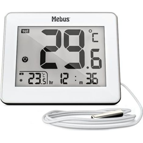 Mebus 01074 Termometro da Ambiente Digitale Interno Esterno con Orologio Memoria Min Max colore Bianco (1/2)